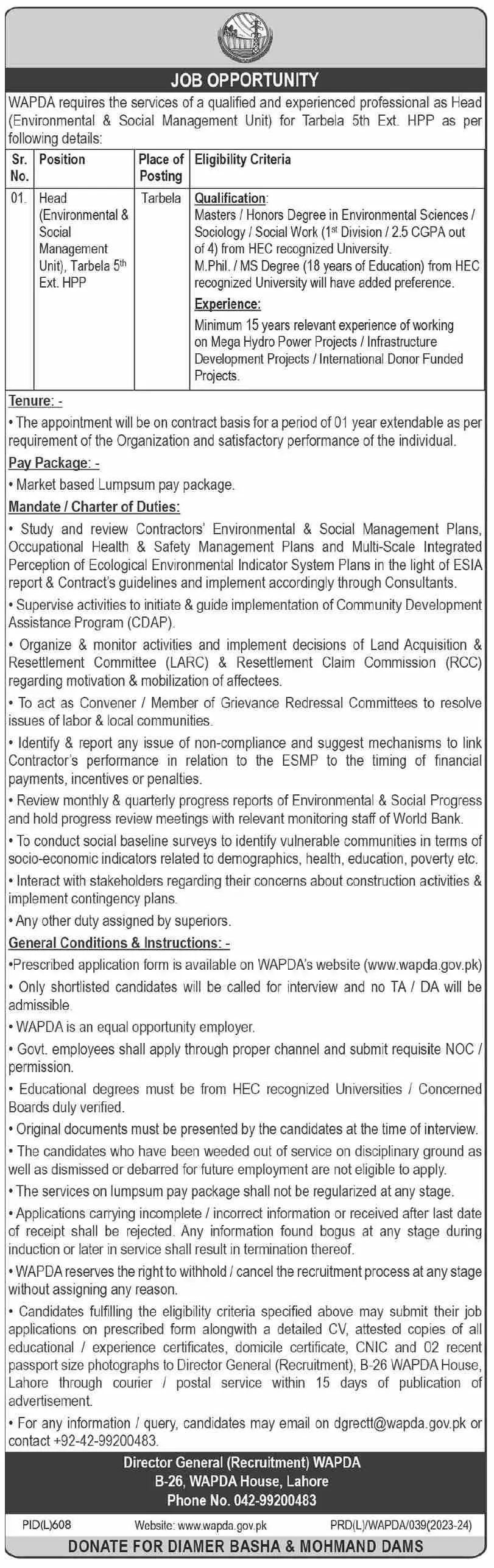 Water and Power Development Authority WAPDA Tarbela Jobs Jobs 2023 — original advertisement