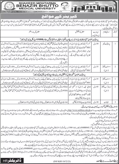 Shaheed Mohtarma Benazir Bhutto Medical University Jobs – Shaheed Mohtarma Benazir Bhutto Medical University Larkana Jobs 2023 — original advertisement