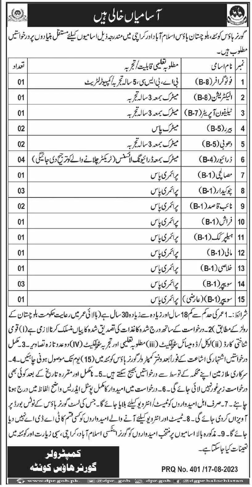 Governor House Balochistan House Islamabad Karachi Jobs 2023 Jobs 2023 — original advertisement