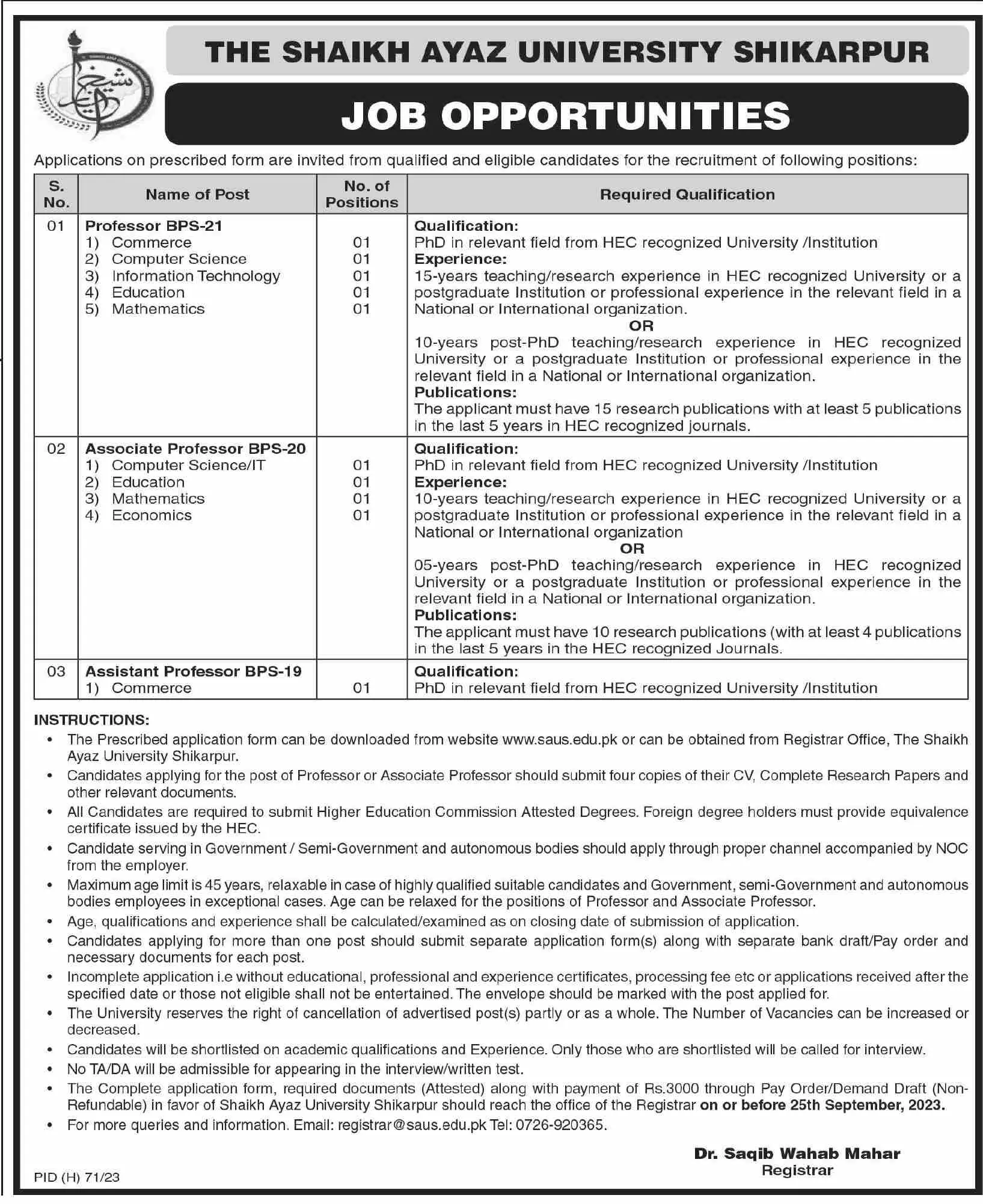 The Shaikh Ayaz University Shikarpur SAUS Jobs 2023 Jobs 2023 — original advertisement
