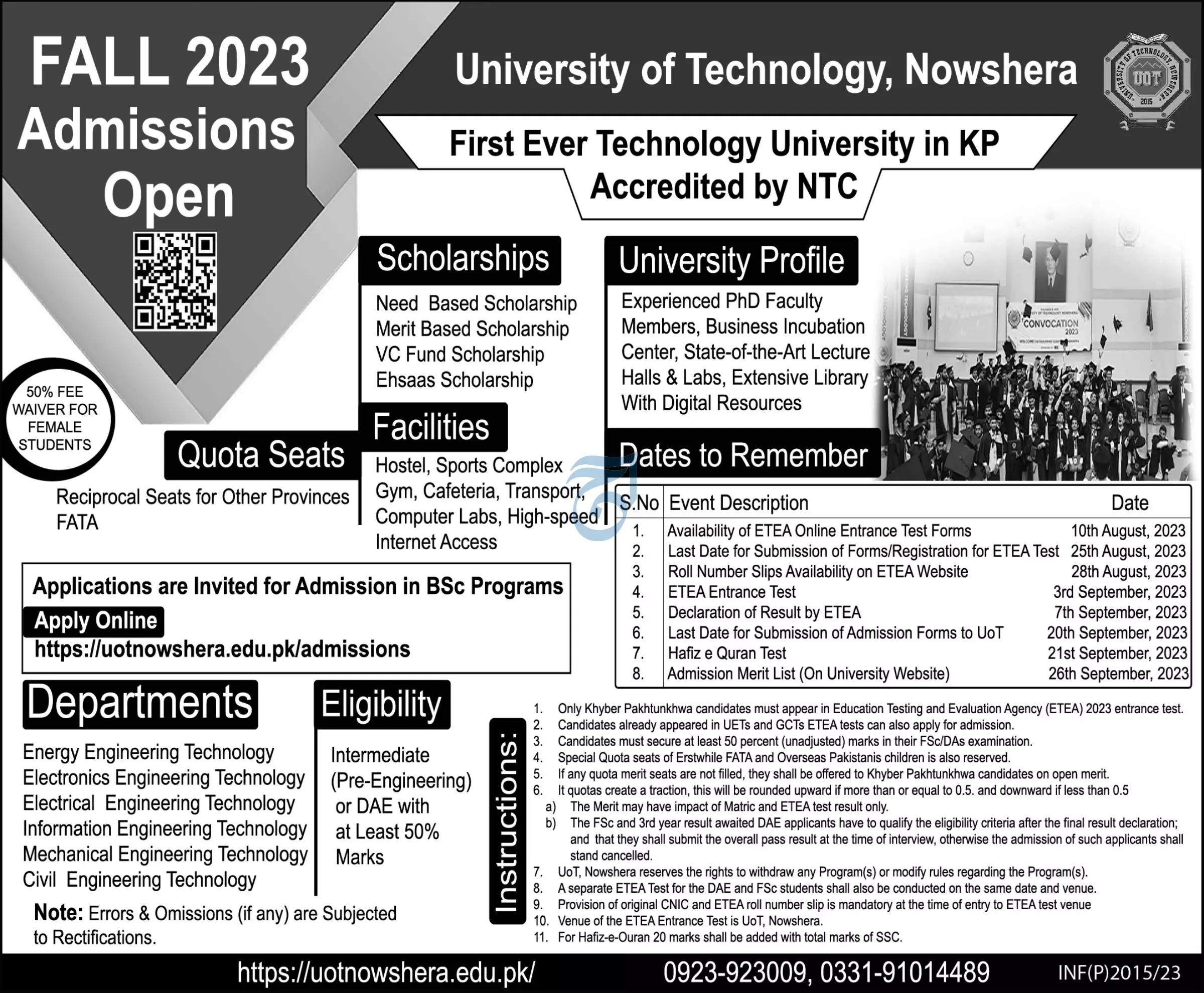 University of Technology Nowshera Admissions 2023 Admissions 2023 — original advertisement
