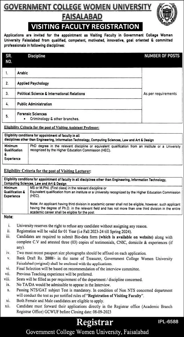 Government College women University Faislabad Jobs 2023 – Government College Women University Faisalabad Jobs 2023 — original advertisement