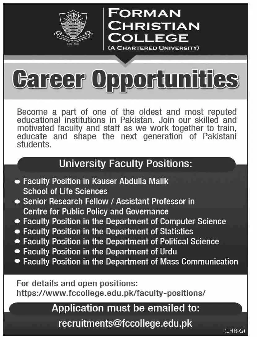Forman Christian College Lahore Punjab Jobs 2023 Jobs 2023 — original advertisement