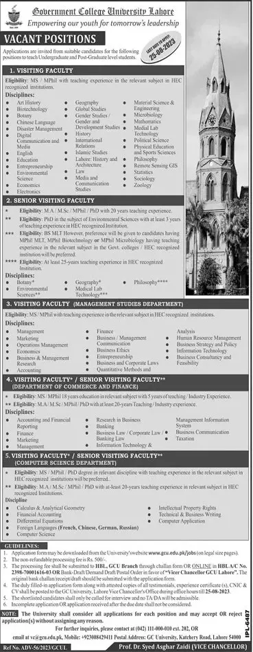 Government College University Lahore Punjab Jobs 2023 Jobs 2023 — original advertisement