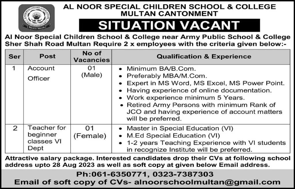 Al Noor Special Children School Multan Punjab Jobs 2023 Jobs 2023 — original advertisement