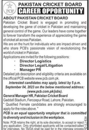 Pakistan Cricket Board PCB Lahore Jobs 2023 – Pakistan Cricket Board (PCB) Jobs 2023 — original advertisement