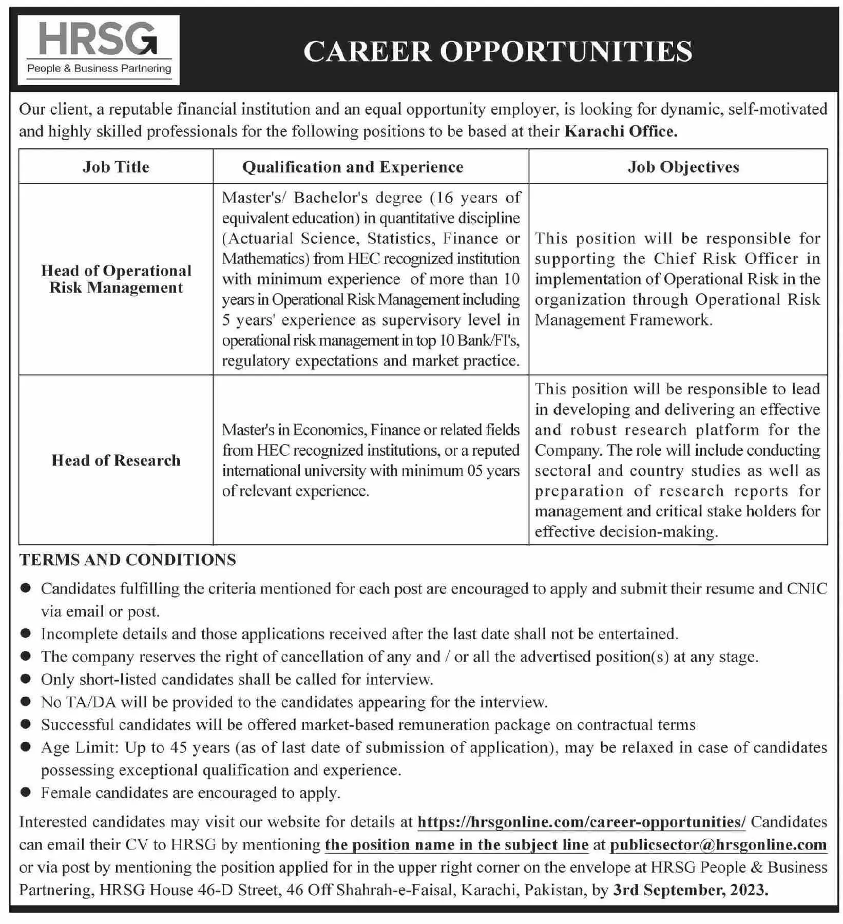 HRSG Company Jobs 2023 In Karachi Sindh – HRSG People and Business karachi Jobs 2023 — original advertisement