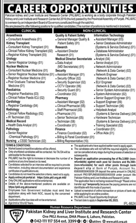 Pakistan Kidney & Liver Institute Lahore Jobs 2023 – Pakistan Kidney And Liver Institute (PKLI) And Research Centre Lahore Jobs 2023 — original advertisement