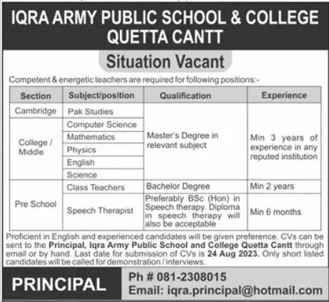 Iqra Army Public School & College Quetta Cantt Jobs 2023 – Iqra Army Public School and College Jobs 2023 — original advertisement