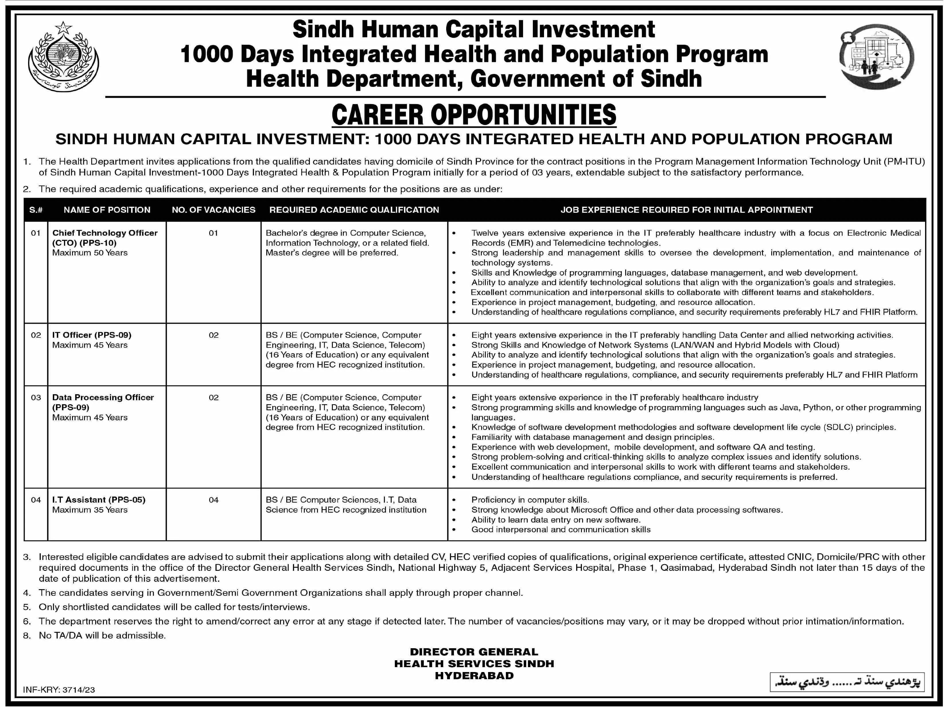 Health Department Hyderabad Sindh Jobs 2023 – Health Department Sindh Jobs 2023 — original advertisement