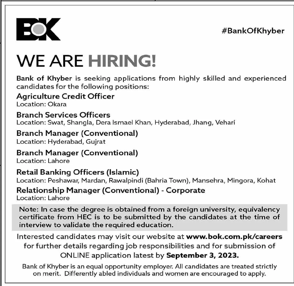 The Bank of Khyber BOK Bank Okara Punab Jobs 2023 Jobs 2023 — original advertisement