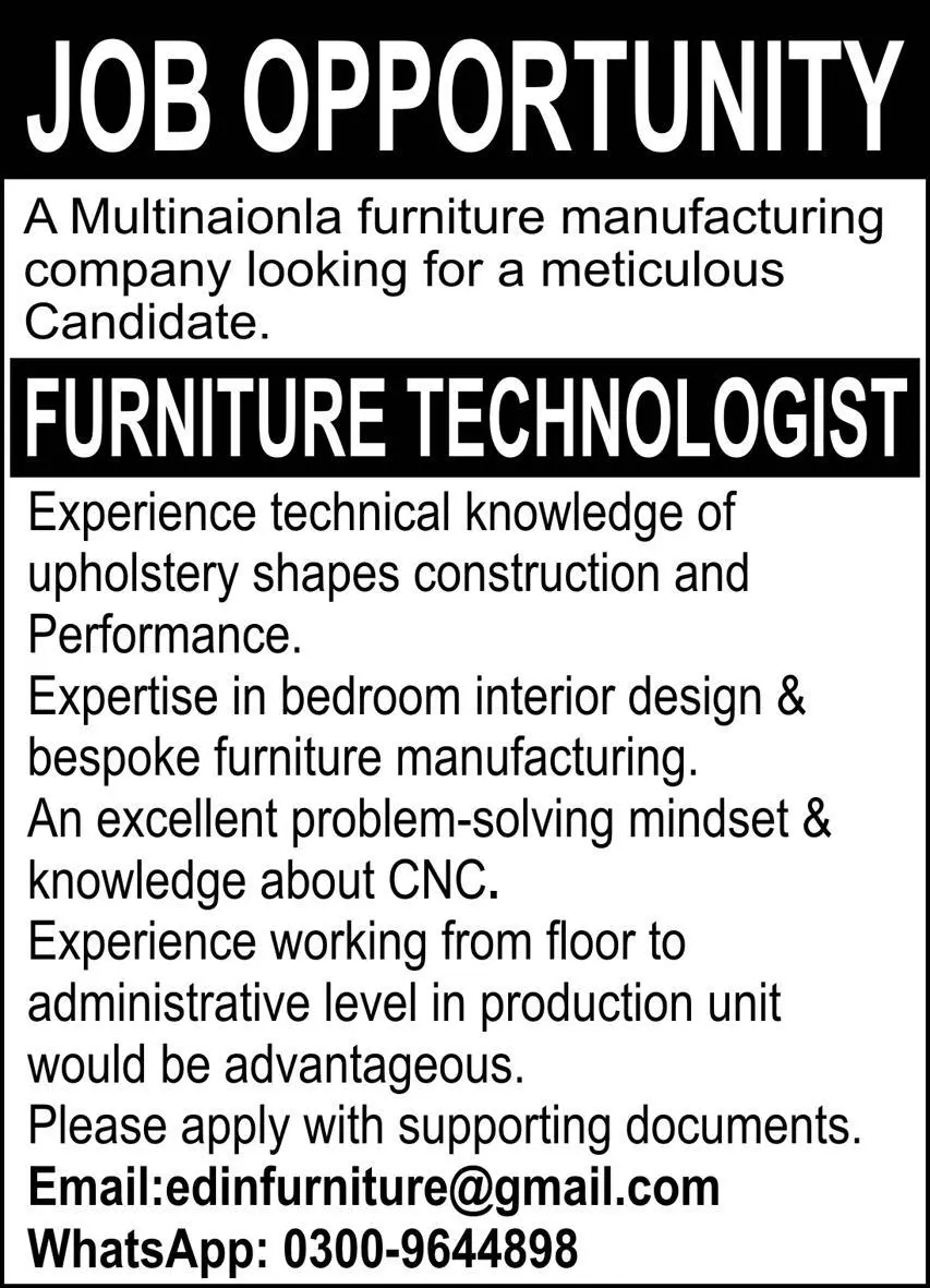 Furniture Manufacturing Company Lahore Jobs 2023 – Private Company Jobs 2023 — original advertisement