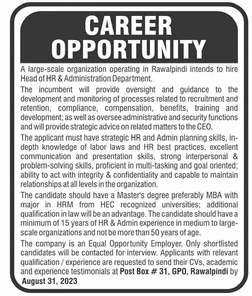 Head Of HR And Admin Department Rawalpindi Jobs 2023 – Private Company Jobs 2023 — original advertisement