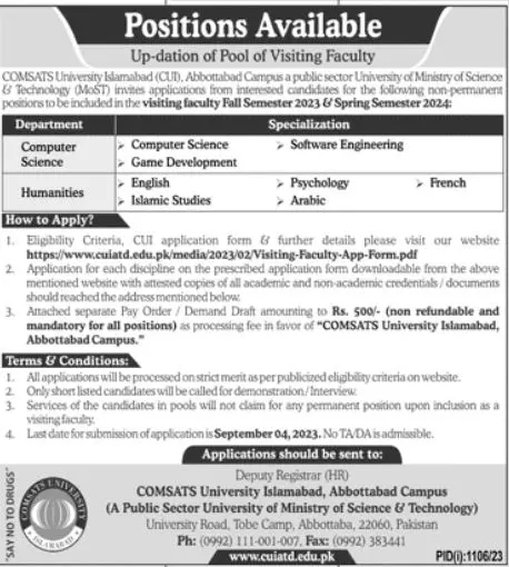 comsats University Islamabad Abbottabad Campus Jobs 2023 Jobs 2023 — original advertisement