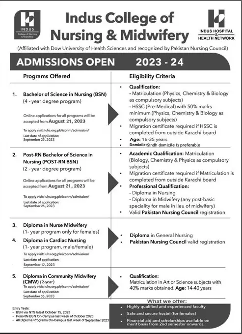 Indus College of Nursing & Midwifery Karachi Admissions – Indus Hospital Admissions 2023 — original advertisement