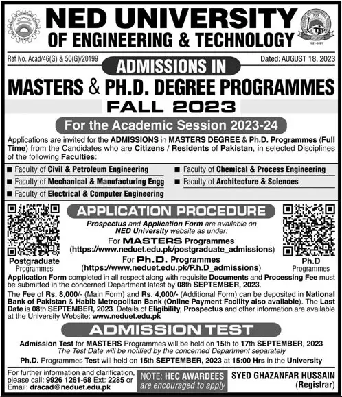 Ned University of Engineering & Technology Admissions 2023 – NED University of Engineering and Technology Admissions 2023 — original advertisement