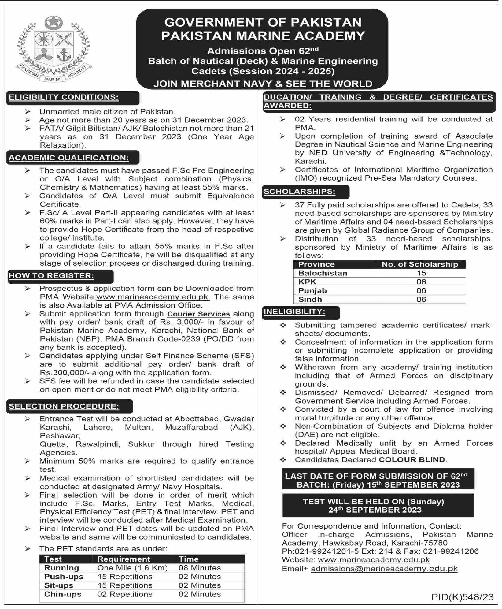 Pakistan Marine Academy Admissions 2023 Admissions 2023 — original advertisement