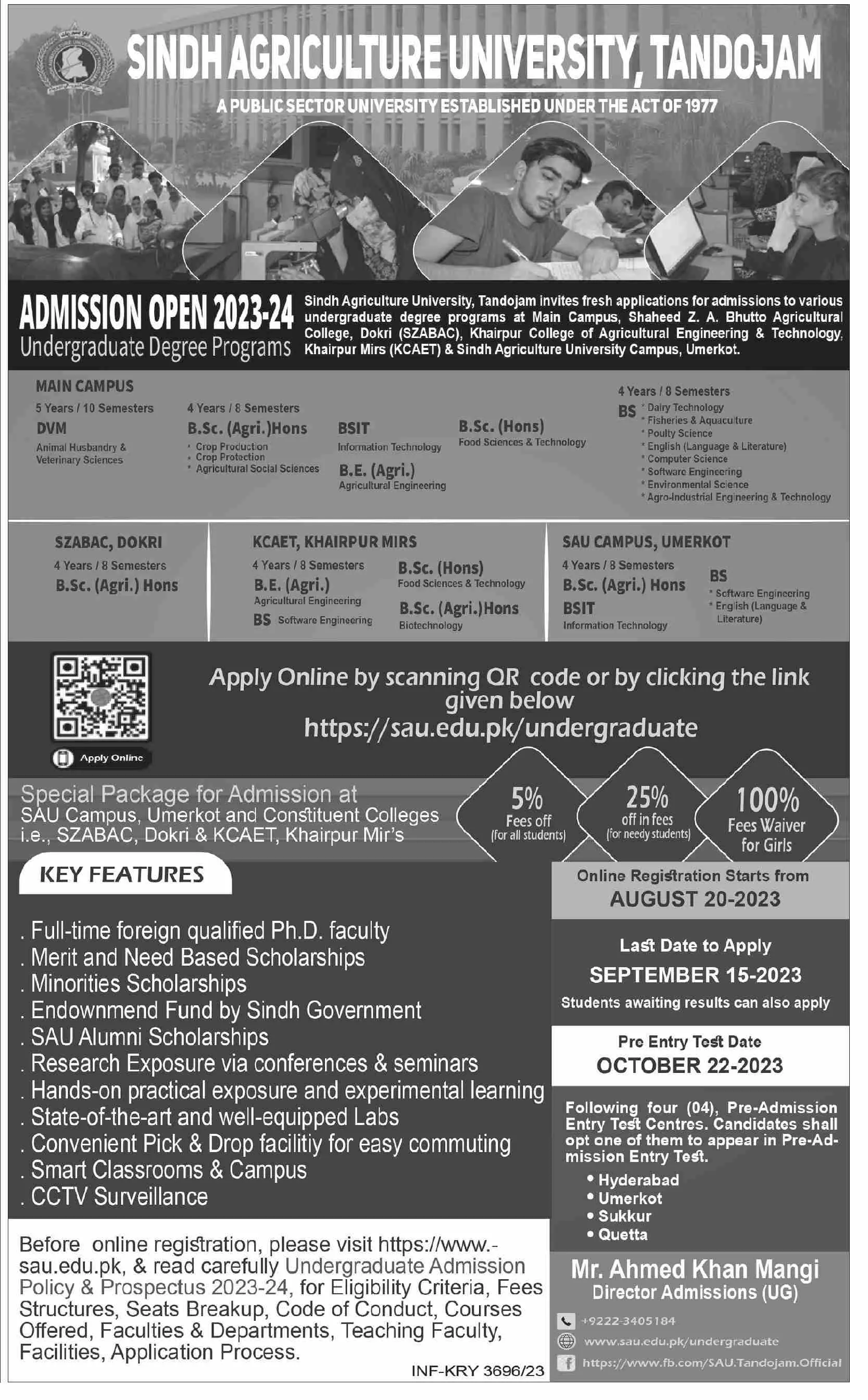 Sindh Agriculture University Tandojam Admissions 2023 Admissions 2023 — original advertisement