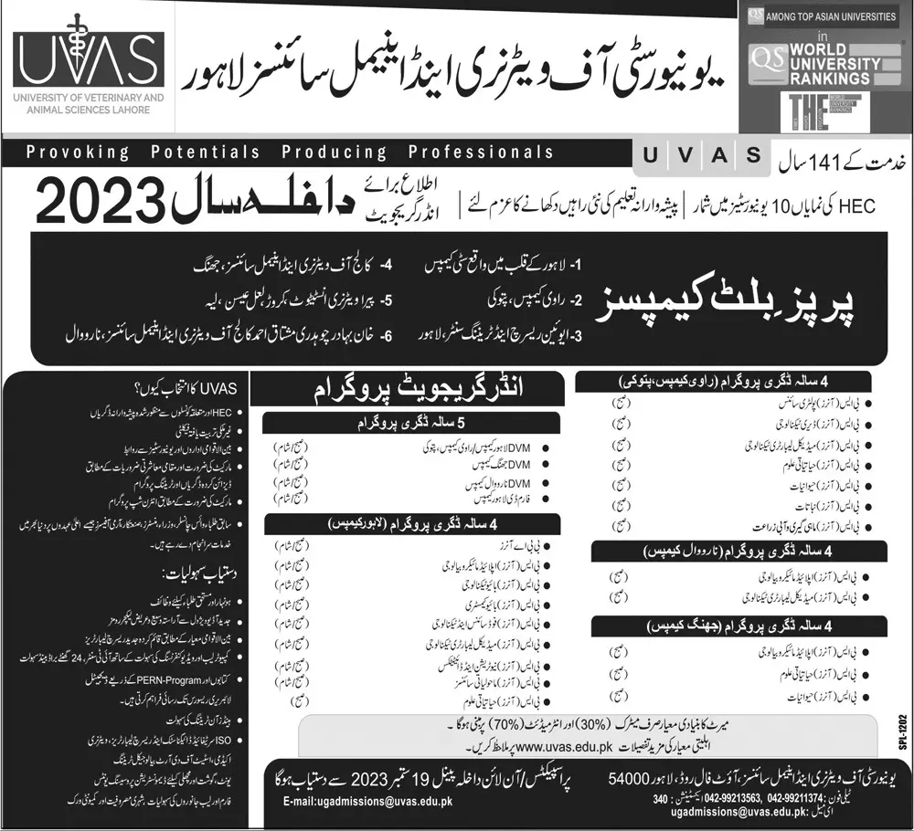 University Of Veterinary And Animal Sciences UVAS Admissions – University of Veterinary and Animal Sciences Lahore Admissions 2023 — original advertisement