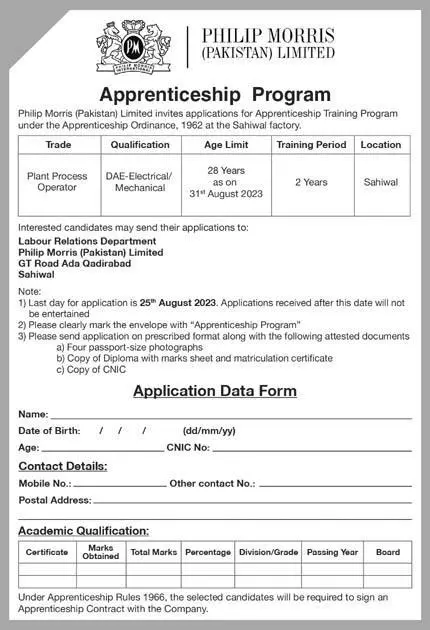Apprenticeship Program by Philip Morris Pakistan 2023 Jobs 2023 — original advertisement