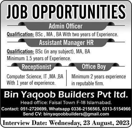 Bin Yaqoob Builders Islamabad Jobs 2023 – Private Sector Organization Jobs 2023 — original advertisement