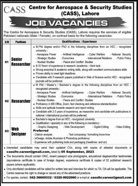 Centre For Aerospace & Security Studies CASS Lahore Job 2023 Jobs 2023 — original advertisement