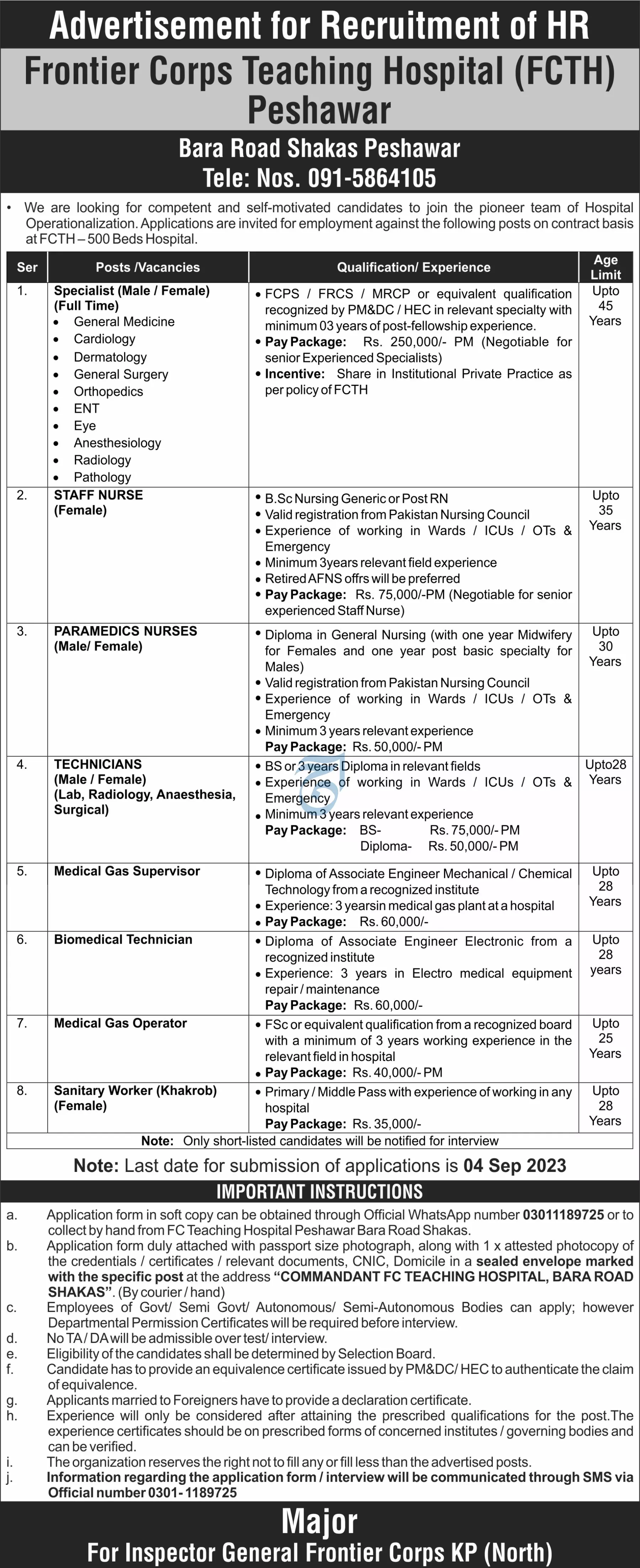 Frontier Crops Teaching Hospital Fcth Peshawar Jobs 2023 – Frontier Corps Kpk Jobs 2023 — original advertisement