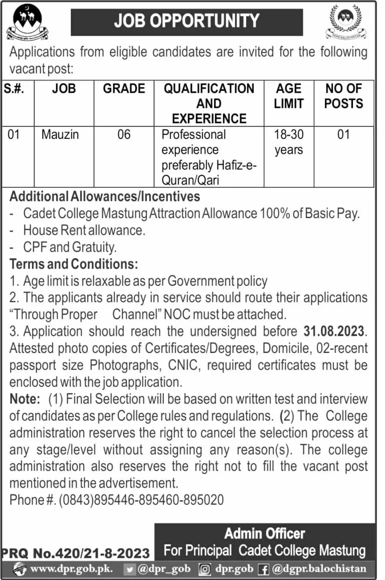 Cadet College Mastung Balochistan Jobs 2023 Jobs 2023 — original advertisement
