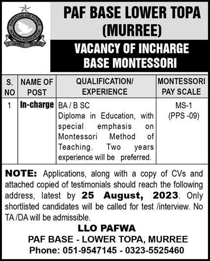PAF Base Lower Topa Murree Jobs 2023 – Pakistan Air Force Jobs 2023 — original advertisement