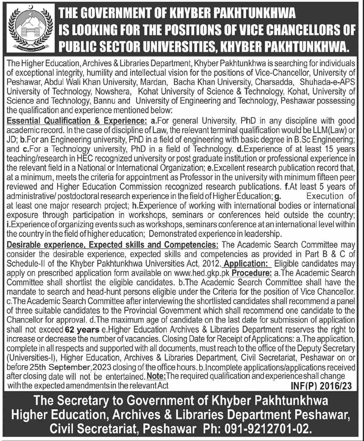 Higher Education Archives & Libraries Department Jobs 2023 – Higher Education Department KPK Jobs 2023 — original advertisement