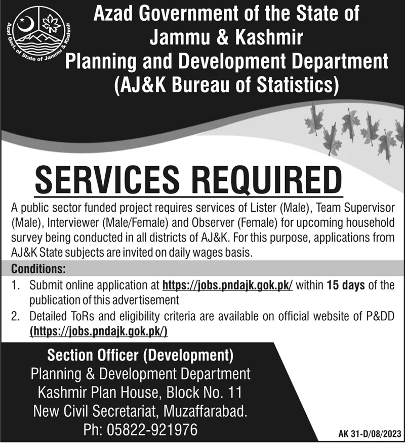 Planning & Development Department Muzaffarabad Jobs 2023 – Planning & Development Department AJK Jobs 2023 — original advertisement