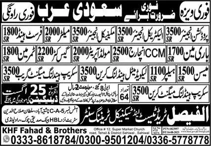 Production Engineer & CCM Incharge Jobs 2023 In Saudi Arabia – Al Faisal Trade Test & Technical Training Center Jobs 2023 — original advertisement