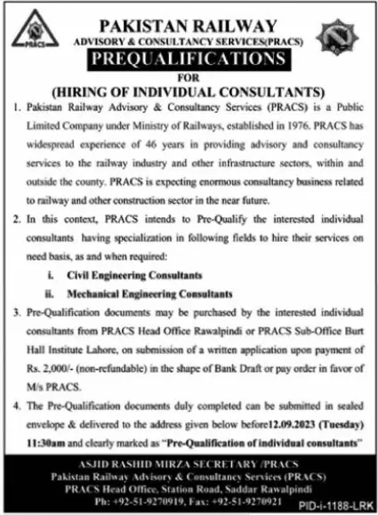 Pakistan Railway Advisory & Consultancy Services Jobs 2023 – Ministry of Railways Islamabad Jobs 2023 — original advertisement