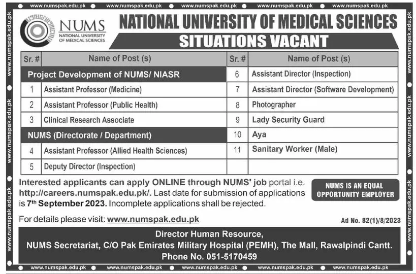 National University Of Medical Sciences NUMS Jobs 2023 – National University of Medical Science NUMS Jobs 2023 — original advertisement