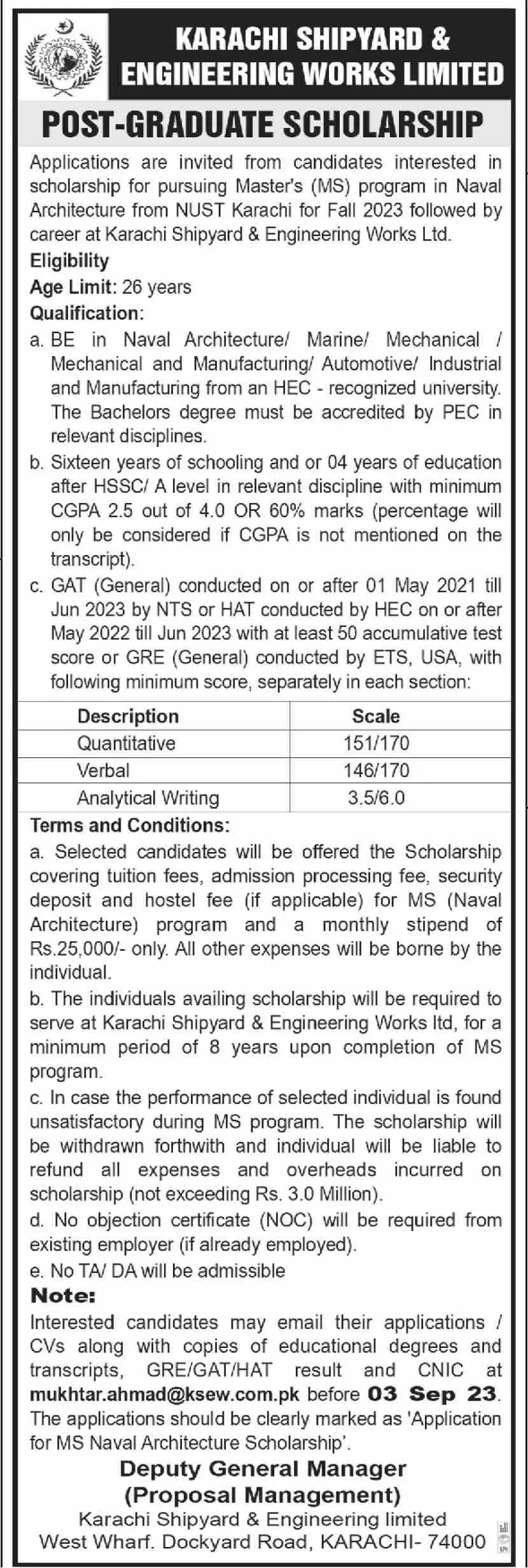 Karachi Shipyard & Engineering Works PGD Scholarship 2023 – Karachi Shipyard & Engineering Works Limited Scholarships 2023 — original advertisement