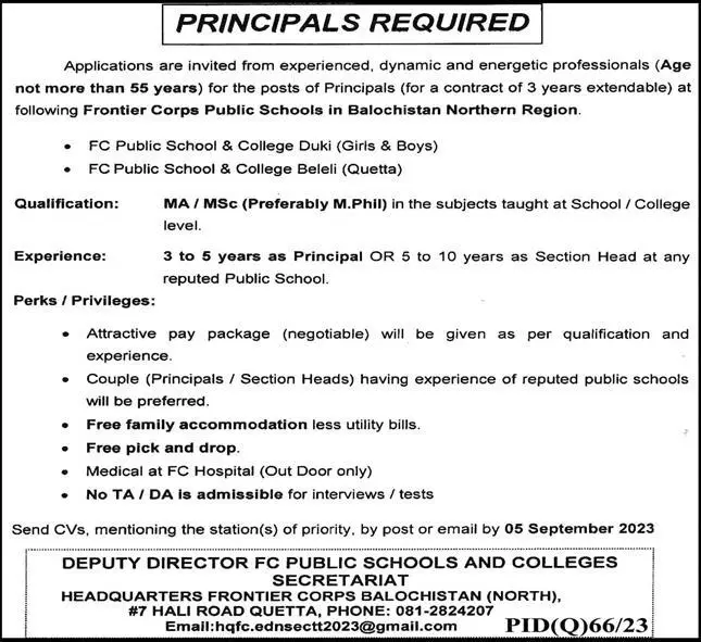 Frontier Corps Girls Model School & College Quetta Jobs 2023 – Frontier Corps (South) Balochistan Jobs 2023 — original advertisement