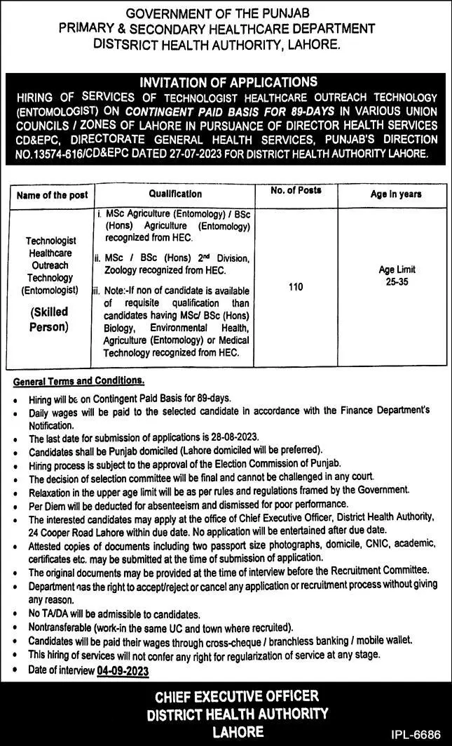 Primary & Secondary Healthcare Department Lahore Jobs 2023 – Health Department Punjab Jobs 2023 — original advertisement