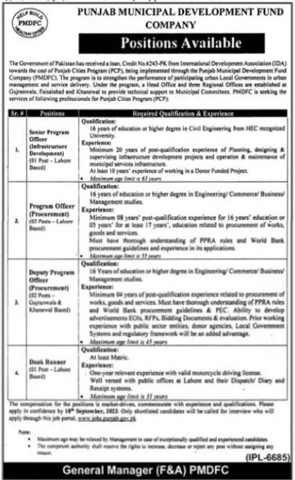 Punjab Municipal Development Fund Company Jobs 2023 Jobs 2023 — original advertisement