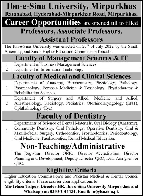 Ibn E Sina University Mirpurkhas Faculty Jobs 2023 – Ibn e Sina University Mir pur Khas Jobs 2023 — original advertisement