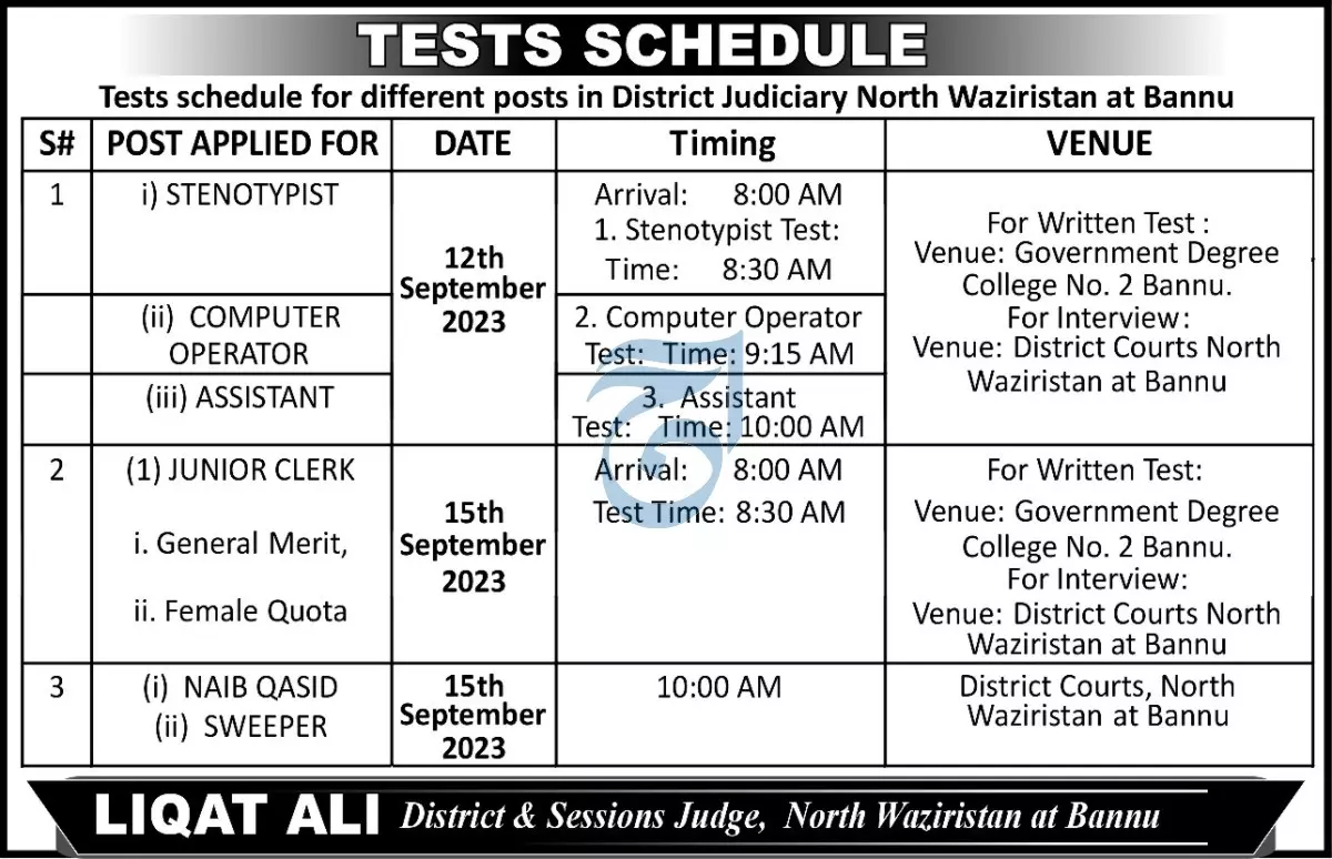 District Judiciary North Waziristan Test Interviews 2023 – Judiciary of Kpk Jobs 2023 — original advertisement
