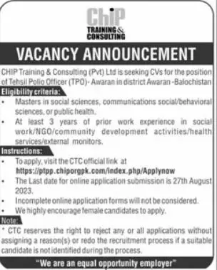 Chip Training & Consulting Pvt Ltd Awarn Jobs 2023 – Chip Training Consulting Pvt Ltd Jobs 2023 — original advertisement