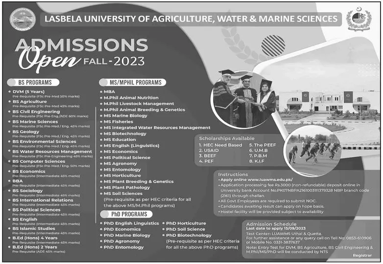 Lasbela University of Agriculture Water & Marin Admissions – Lasbela University of Agriculture, Water & Marine Sciences (LUAWMS) Uthal Admissions 2023 — original advertisement