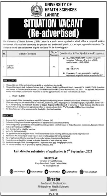 University Of Health Science UHS Lahore Jobs 2023 – University of Health Sciences Lahore Jobs 2023 — original advertisement