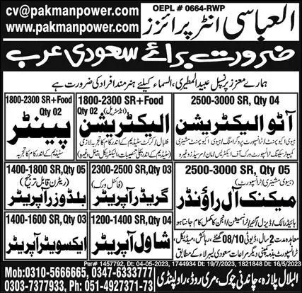 Shawl Operator & Excavator Operator Jobs 2023 Saudi Arabia – Al Abbasi Enterprises Jobs 2023 — original advertisement