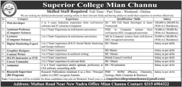 Superior College Mian Channu Punjab Jobs 2023 – Superior Group Of Colleges Jobs 2023 — original advertisement