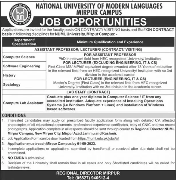 National University of Modern Languages Mirpur Campus Jobs – National University of Modern Languages Islamabad Jobs 2023 — original advertisement