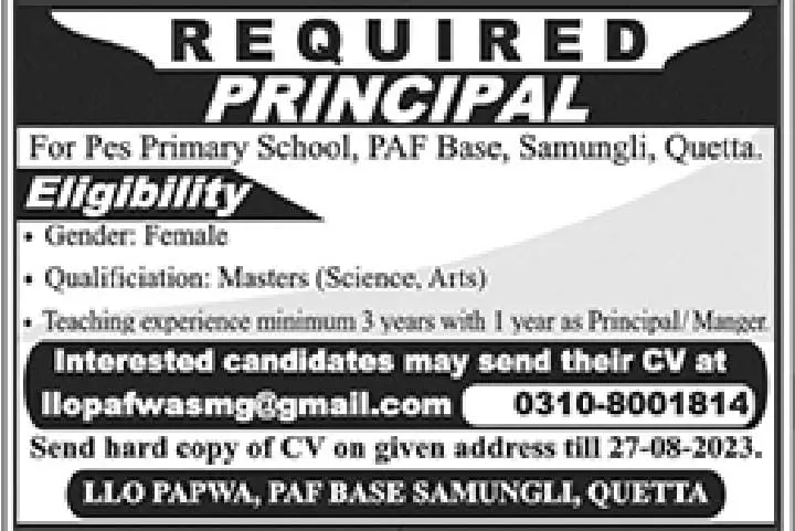 PES Primary School PAF base Samungli Quetta Jobs 2023 – Pakistan Air Force Jobs 2023 — original advertisement
