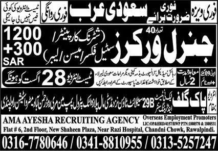 General Worker & Shuttering Carpenter Jobs 2023 Saudi Arabia – Pak Gulf Tec Ni Test & Training Center Manufacturing Jobs 2023 — original advertisement