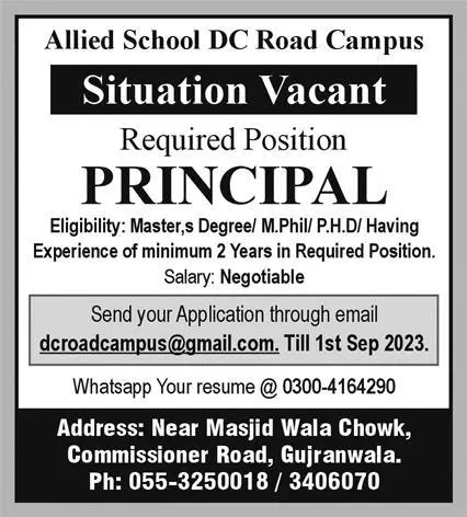 Allied School DC Road Campus Gujranwala Jobs 2023 – Allied School System Jobs 2023 — original advertisement