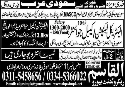 Electrical Technician & Cable Jointer Jobs 2023 Saudi Arabia – Al Qasim Recruitment Bureau Jobs 2023 — original advertisement